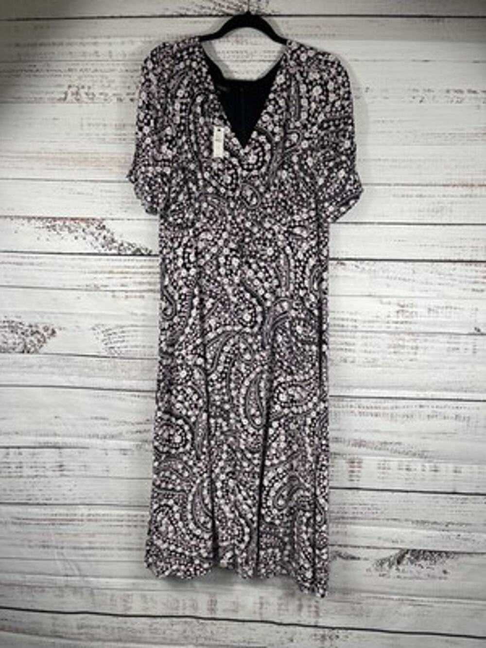 Talbots Dress Womens 14 Black Pink Floral V Neck Puff Sleeve Maxi Fit Flare